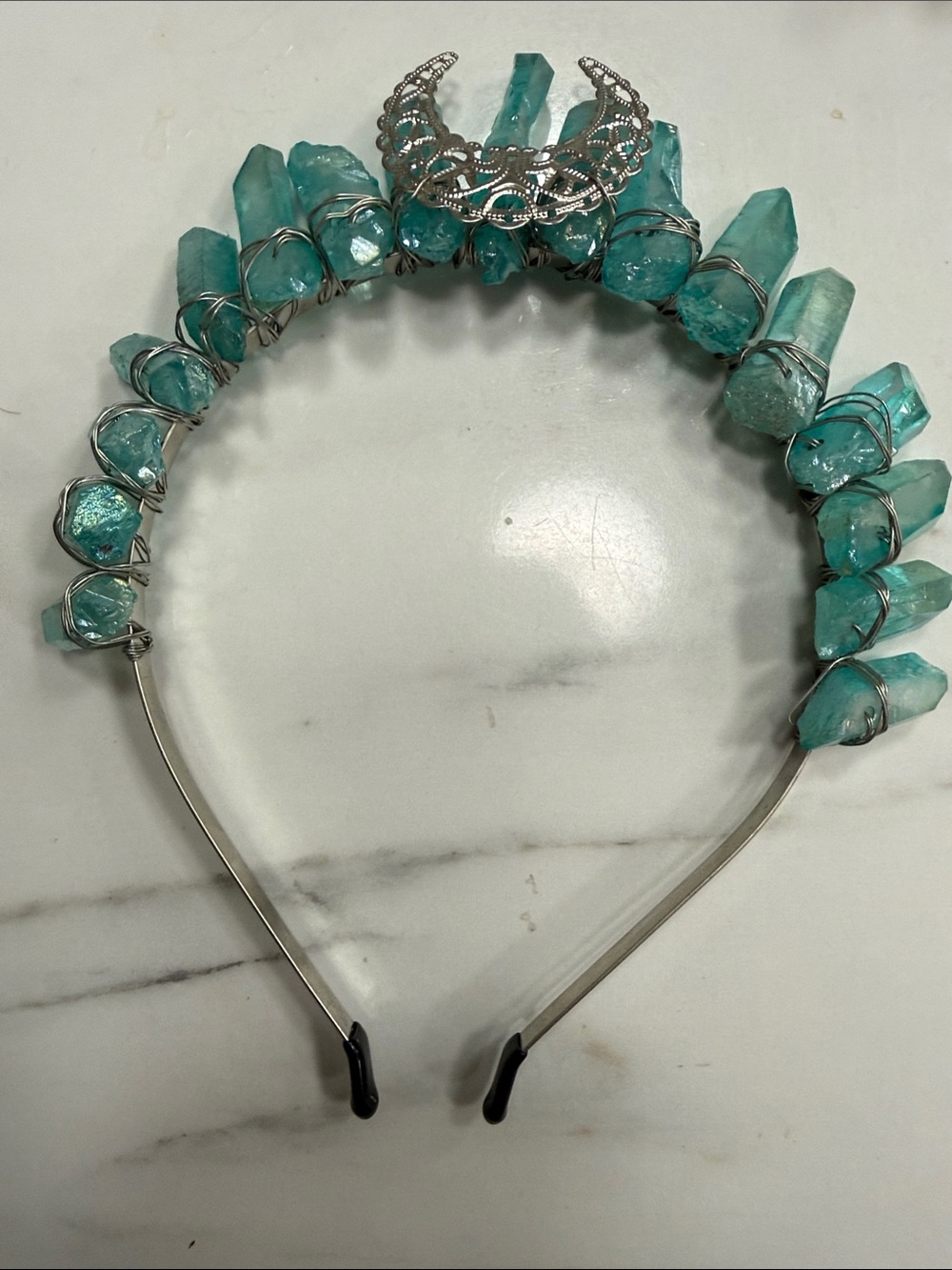Turquoise Crystal Wire-Wrapped Headband with Silver Crescent Detail